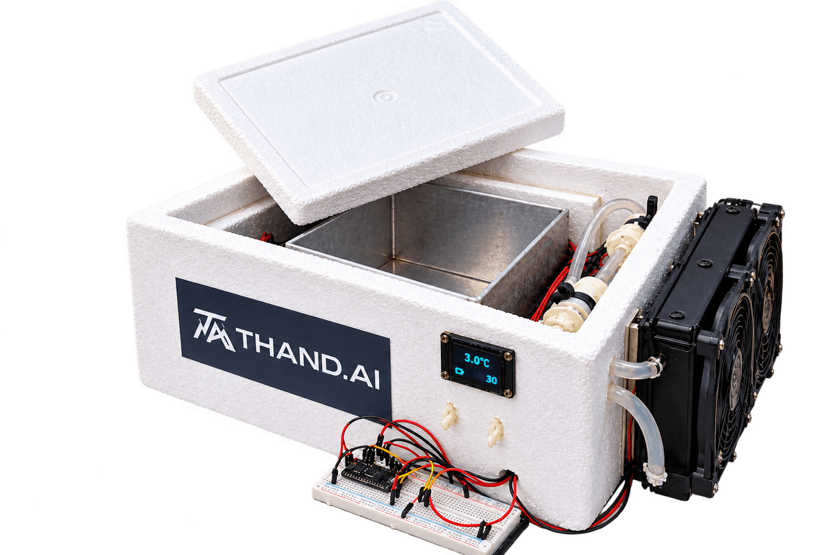 THAND.AI portable freezer prototype with exposed internal chamber and cooling assembly
